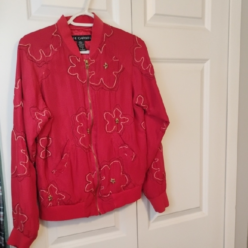 Anne Carson Red Bomber Jacket with Floral Embroidery